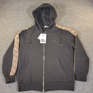 NWT Burberry Hoodie Mens Black Nova Check Sleeve Full Zip Designer New #2606